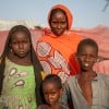Lana with three of her eight children. From Left: Umi (9), Abdul (5) and Mohammed (7) at their shelter in Lac Province in Western Chad. Photo: Eugene Ikua/Concern Worldwide