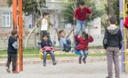 A group of children play outside an Education Support Centre in Adiyaman, Turkey, before heading in for Turkish class. Photo: Concern Worldwide.