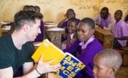 Dublin GAA Player, Michael Darragh Macauley working with students during a lesson in M.M Chandaria school in Nairobi, Kenya.  Picture: Steve De Neef / Concern Worldwide.