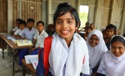 Saliha* (7) attends school at the newly repaired school on one of the Char islands severely affected by recent floods. Photo: Jennifer Nolan / Concern Worldwide.