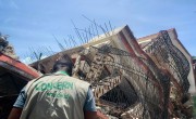 Man wearing jacket with Concern logo observes fallen building in Haiti