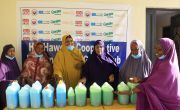 Group of women smiling and presenting coloured bottles of shampoo in Somalia