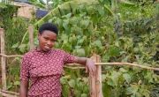 Clementine Nyirababyeyi leaning against fence around her plot of land in Rwanda