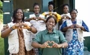 Concern Liberia team members Etmaralyn, Macee, WQueta, Antoinette, Susan, and Pandora at Concern's programme office in Buchanan. (Photo: Kieran McConville/Concern Worldwide)