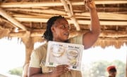 Kadiatu Kabia, Nutrition and Gender Officer for Concern Worldwide, at a nutrition training session in Majehum community, Tonkolili, Sierra Leone, as part of the Irish Aid funded Yoti Yoti programme. (Photo: Kieran McConville/Concern Worldwide)