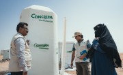 Concern Yemen Country Director Victor Moses, Programme Director Abdul Ghaffar and the Concern team distribute shelter materials, water and sanitation support to people affected by the sandstorm that struck Al Anad IDP Camp, Tuban District. Concern provided tools for future repair and maintenance based on community feedback; solar light was installed by a water point and additional shelter for learning space where community volunteers can teach children. Photo: Ammar Khalaf/Concern Worldwide