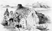 An illustration from "Pictorial Times", 22nd August, 1846 depicting a family outside their cottage, gathered around a pile of ruined potatoes. (Image: Public Domain/National Library of Ireland)