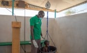 A child is weighed at health clinic in Chad