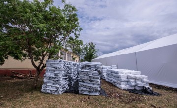 Emergency supplies stacked up at a warehouse