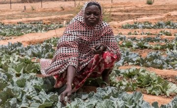 Chawada Aboubacar, Community Health Volunteer, with her ‘sac potagé’ – the vegetable garden she has grown with the support of Concern. Photo: Apsatou Bagaya / Concern Worldwide.