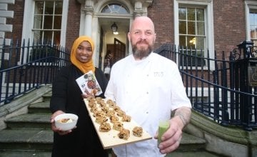 Amina Abdulla, Concern Country Director for Kenya with Conor Spacey, Culinary Director with FoodSpace showing off the sustinable breakfast FoodSpace prepared for the launch of the 2019 Global Hunger Index. 