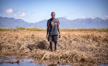 Patrick Ghembo stands in front of crops destroyed by Cyclone Idai