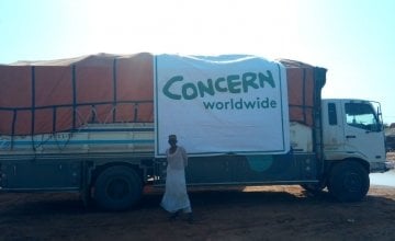 A large truck of supplies with Concern Worldwide branding
