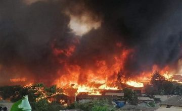 Fire in the Kutupalong Balukhali Extension refugee camp hosting Rohingya refugees in Cox's Bazar, Bangladesh in March 2021. Photo: Concern Worldwide.