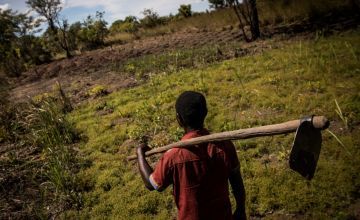 A Congolese farmer stands in front of his land in Manono Territory