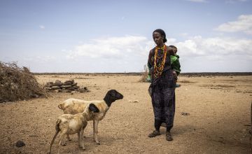 Antut Sharamo and her baby Medina Sharamo, 3, on the outskirts of Elgade, North Horr sub-county, Marsabit, Kenya 21/12/2021 Photo: Ed Ram / Concern Worldwide.