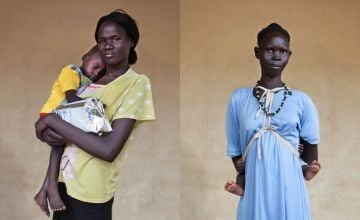 Two South Sudanese mothers with their children
