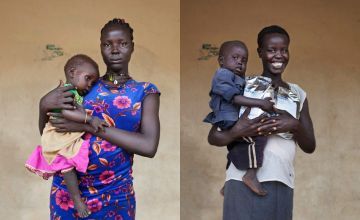 Two young South Sudanese women with their children.