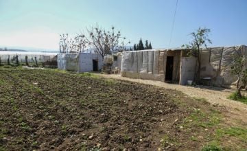 Shelter made from wood and tarpaulin sheets in Lebanon.