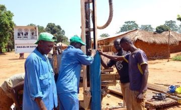 The Kouango EHA team begins drilling at Gouasse using the PAT Drill, a powerful mechanical drill, in November 2021. Photo: Concern Worldwide.