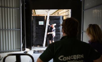 Humanitarian aid supplies arriving at a warehouse in Khmelnytski