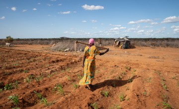 Kenyan farmer walking home from her plot of land