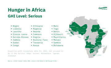 Map showing hunger levels in Africa that rank as "Serious" according to the 2022 Global Hunger Index