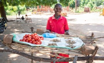 Smiling woman in red t-shirt standing behind makeshift counter made from bamboo holding pile of tomatoes