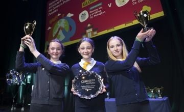 All Ireland Concern Primary Debates champions from Cork's St. Mary’s Senior Girls National School Danielle Crowley-Healy, Lauren Mawe-Downey and Georgina Farr at The Helix in Dublin on Thursday