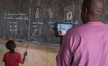 Mahamadou Assoumane (right) is an educational counselor in Bambaye, Niger, who works with Concern on an innovative video coaching approach to improve teaching practices and teacher training, particularly in hard-to-reach areas