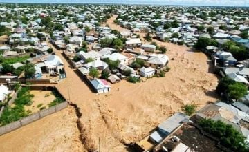 An aerial view of extensive flooding in Baidoa, Somalia