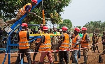 Concern team members operate a mobile drilling kit, funded by USAID/OFDA, to provide new water sources for conflict-affected communities in Kouango, Central African Republic following the destruction of several key water sites.