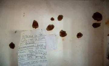 Exit bullet holes in a health clinic in Boyali, Central African Republic