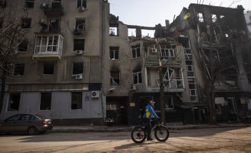 Buildings lie in ruins in central Kharkiv, Ukraine