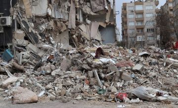 Rubble of buildings destroyed in Turkiye earthquake