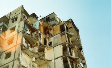 The apartment block of 118 Victory Embankment, Dnipro, Ukraine. On January 14, 2023, the apartment building was damaged, the most significant on a residential building in Ukraine in six months. (Photo: Olivia Giovetti/Concern Worldwide)
