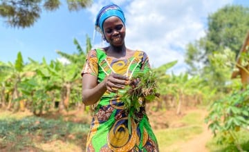 Beatha Uwitonze (33), married to Daniel and mother of three children tends to her home garden in Muganza, Gisagara. Beatha is president of two farmer field associations. (Photo: Eugene Ikua/Concern Worldwide)