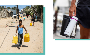 Left: A child carries two jerry cans full of water from a distribution point in Gaza. (Concern Worldwide) Right: A woman holds a set of Bluewater water bottles. (Bluewater Sweden)