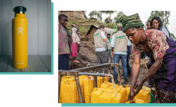 Left: A Hydroflask water bottle (Jamaal Cooks/Unsplash). Right: A Concern-led water distribution at an internal displacement site in Kisoko, DRC (Gabriel Nuru/Concern Worldwide)