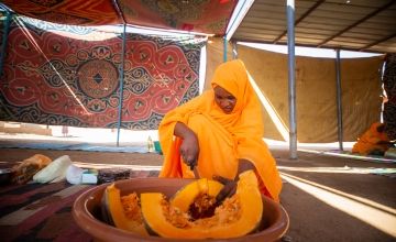 Muzdalifa a mother and a UNICEF-trained member of the Mother Support Group trains mothers on proper feeding practices for children via a cooking demonstration. (Photo: Ahmed Elfatih Mohamdeen/UNICEF)