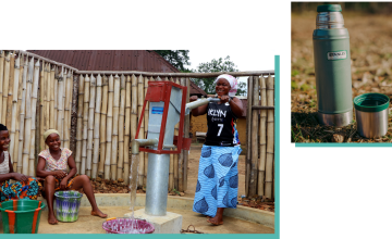 Right: A Stanley cup (Mitchell Orr/Unsplash). Left: Retta Bryant collects water from a pump installed by Concern Worldwide in Garward Town (Josephine Drobia/Concern Worldwide)