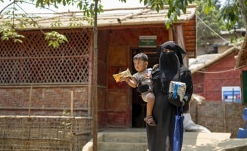 Rohingya refugee Anowara* visits the Concern nutrition centre at Camp 19, Ukhiya, Cox's Bazar. Her youngest is Mohammad Rayhan*, who is 17 months and received RUTF for malnutrition at 7 months old. (Photo: Saikat Mojumder/Concern Worldwide)