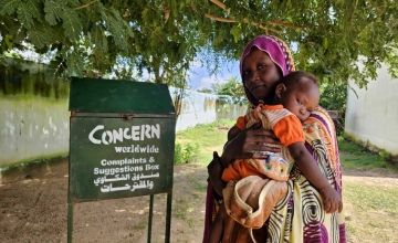 Concern's challange at the ploughing championships asks people to step in the shoes of people like displaced Sudanese mother and child Dahabeeja (29) and Akhdar (10 months) from South Darfur