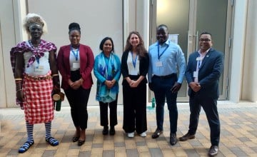 Concern’s delegation at COP28: Charles Ekalale, Senior Livelihoods Officer, Concern Kenya, Maranatha Dinat, Technical Programme Coordinator, Concern Haiti, Afsari Begum, Programme Manager, Concern Bangladesh, Michelle O’Dea, Desk Officer for Malawi and South Sudan, Jackson Mekenye, Livelihoods Coordinator, Concern Kenya and Jyotiraj Patra, Programme Director, Concern Bangladesh in Dubai on 8th December 2023. (Photo: Concern Worldwide)