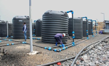 Water tanks at the water pumping station operated by Concern Worldwide in Bulengo displacement site in Goma. 