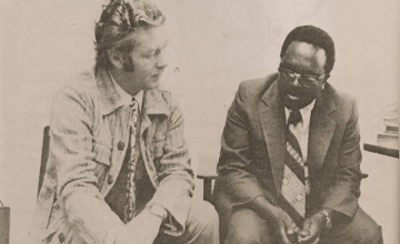 Father John Finucane discusses the drought in Ethiopia with the country's Chief Commissioner for Relief and Rehabilitation, Ato Shimelis Adugna, 1974.