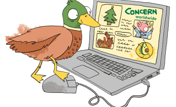 Animation of duck browsing Concern gifts on computer
