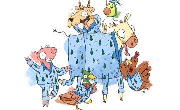 Animation of pig, goat, cow, chicken, duck and avocado in Christmas pyjamas