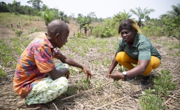 Concern Livelihoods Officer Sophia Johnny discusses climate smart techniques with farmer John Sakie at an agricultural demonstration plot in Grand Bassa County, Liberia. Photo: Kieran McConville