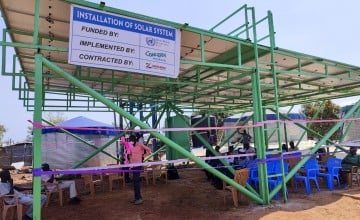 The borehole for water supply in Sector-5 of Bentiu IDP site has been converted to a hybrid solar powered system. Previously it used to run on fossil fuel only, providing clean water to about 25,000 people on daily basis. Photo: Concern Worldwide